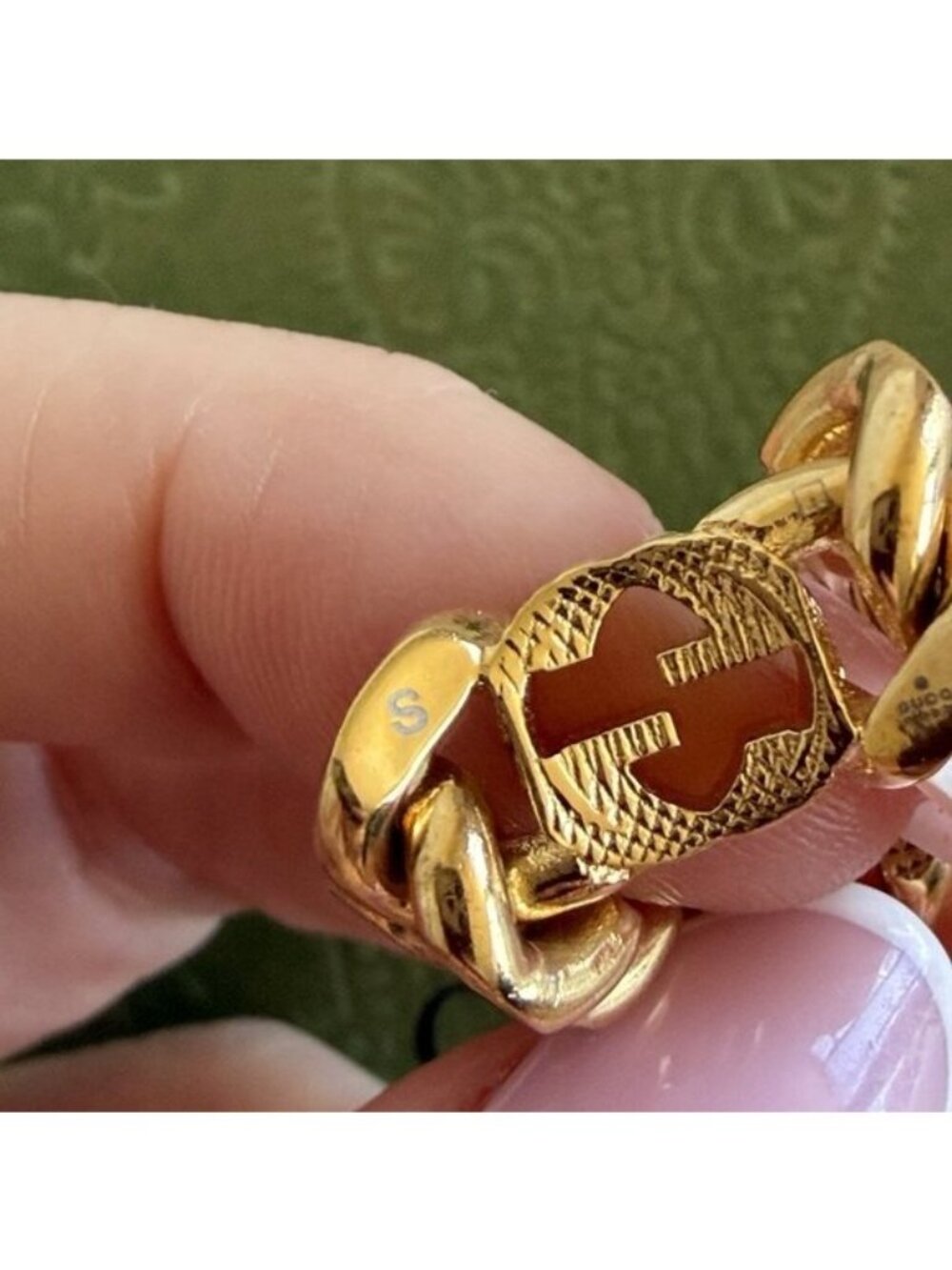 NEW GUCCI Metal Interlocking Interlocking Gourmette Chain Ring Sz S 52 6 Gold - Picture 6 of 8